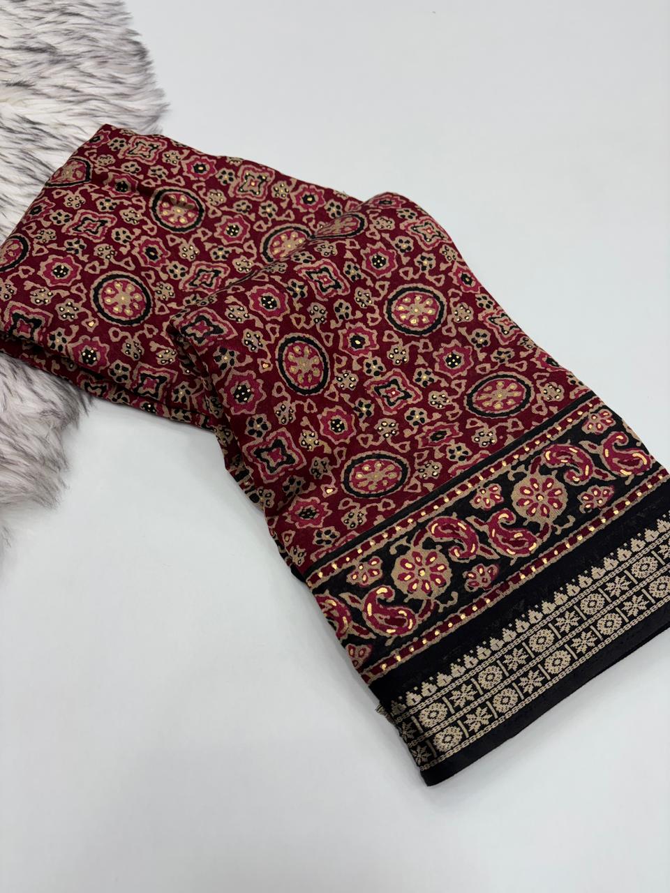 Charming Function Wear Pure Viscouse Silk Ajrak Printed Rich Pallu n Fancy Designer Saree With Blouse Piece