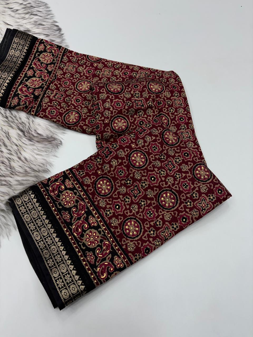 Charming Function Wear Pure Viscouse Silk Ajrak Printed Rich Pallu n Fancy Designer Saree With Blouse Piece