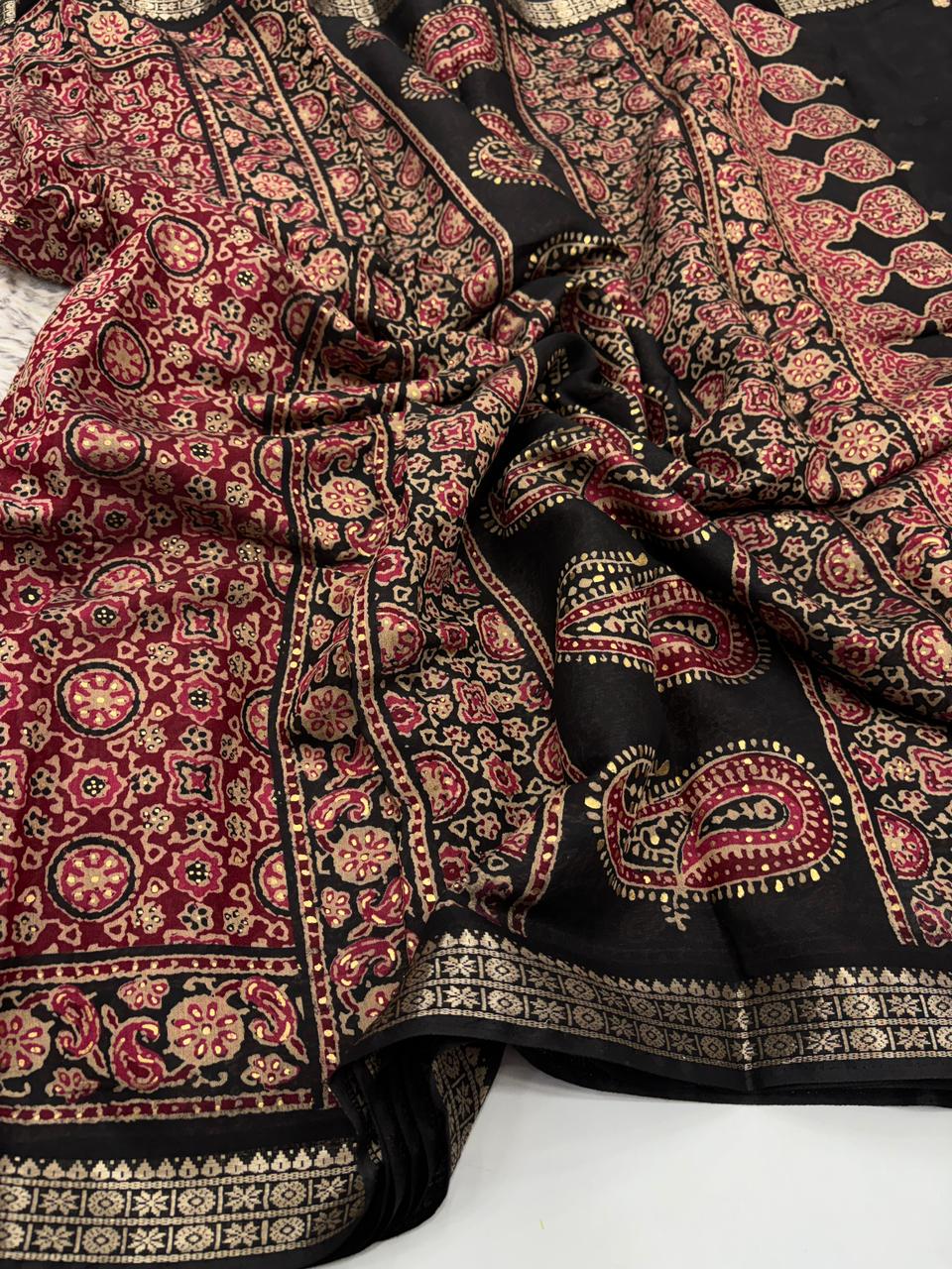 Charming Function Wear Pure Viscouse Silk Ajrak Printed Rich Pallu n Fancy Designer Saree With Blouse Piece