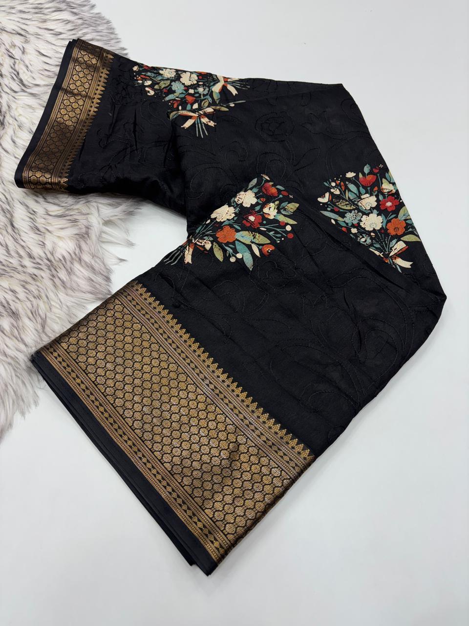 Divine Party Wear Viscouse Dola Silk Thread Work Flower Design Jacquard Border Saree With Blouse Piece