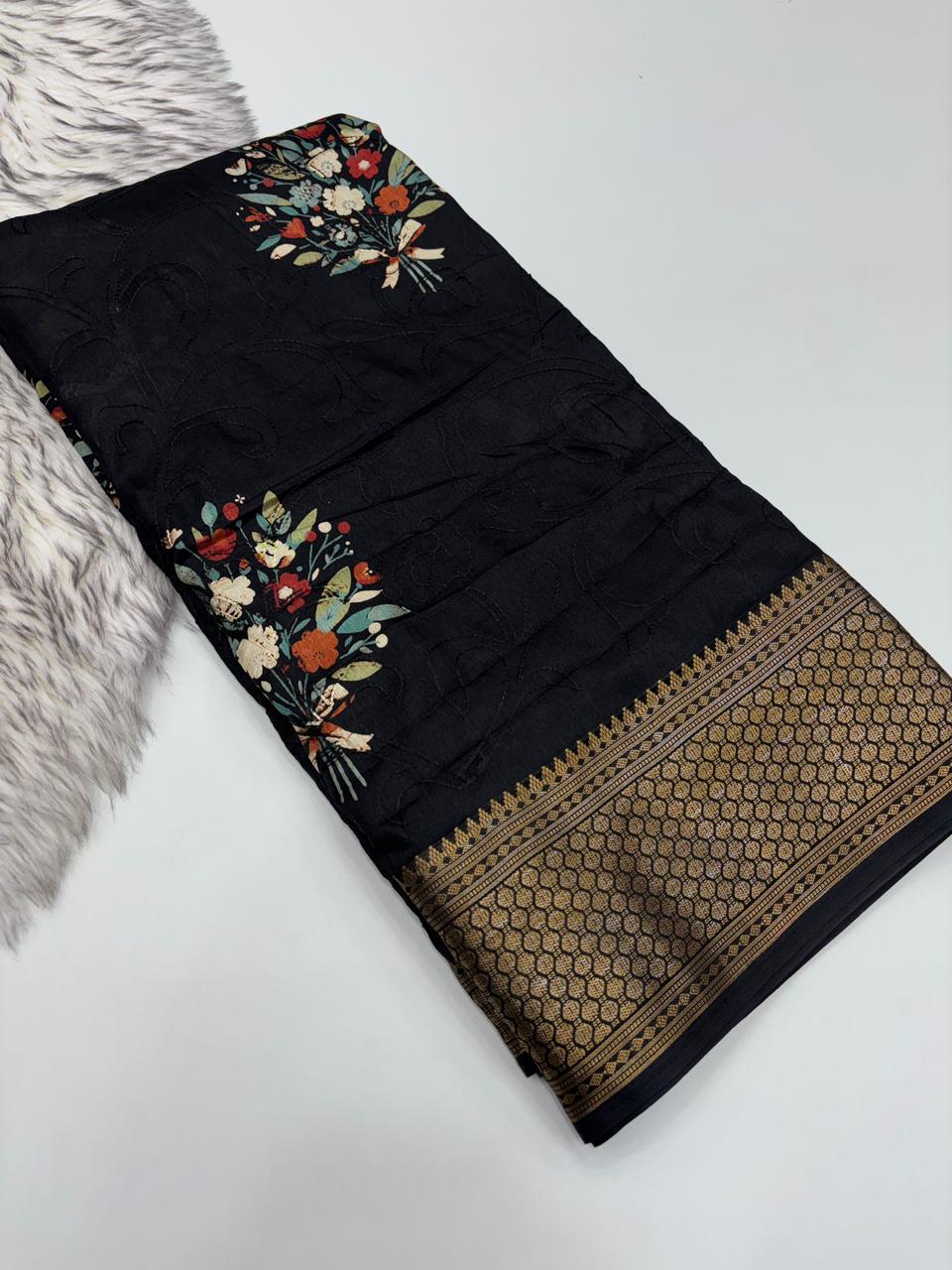 Divine Party Wear Viscouse Dola Silk Thread Work Flower Design Jacquard Border Saree With Blouse Piece