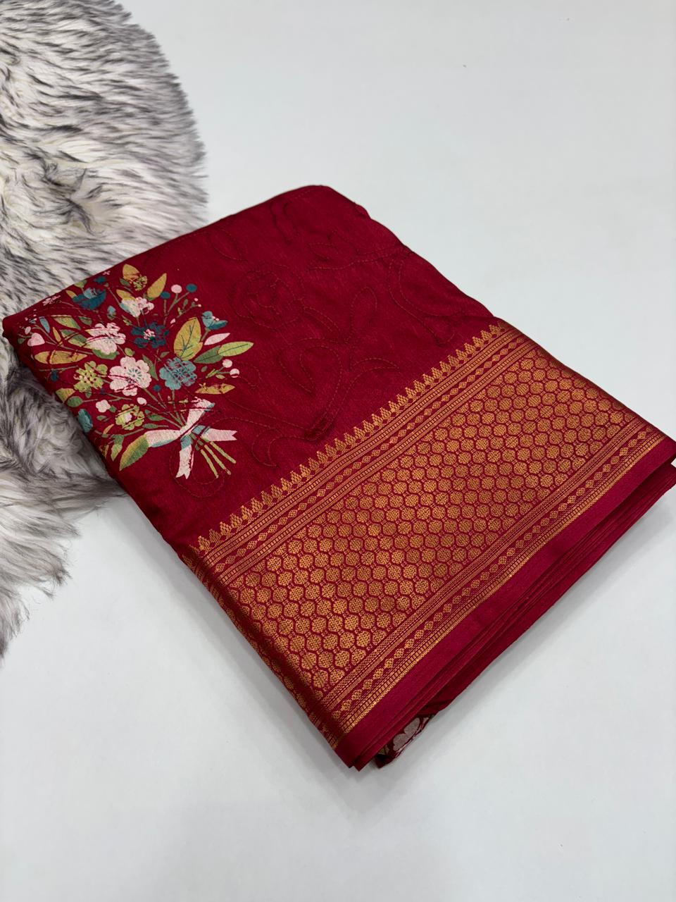 Divine Party Wear Viscouse Dola Silk Thread Work Flower Design Jacquard Border Saree With Blouse Piece