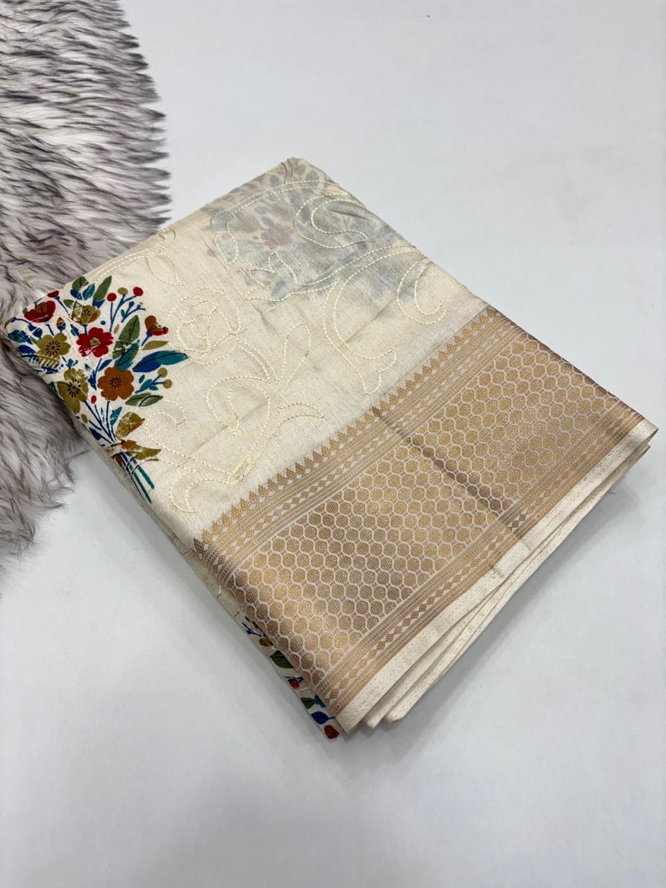 Divine Party Wear Viscouse Dola Silk Thread Work Flower Design Jacquard Border Saree With Blouse Piece