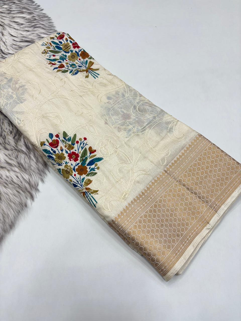 Divine Party Wear Viscouse Dola Silk Thread Work Flower Design Jacquard Border Saree With Blouse Piece