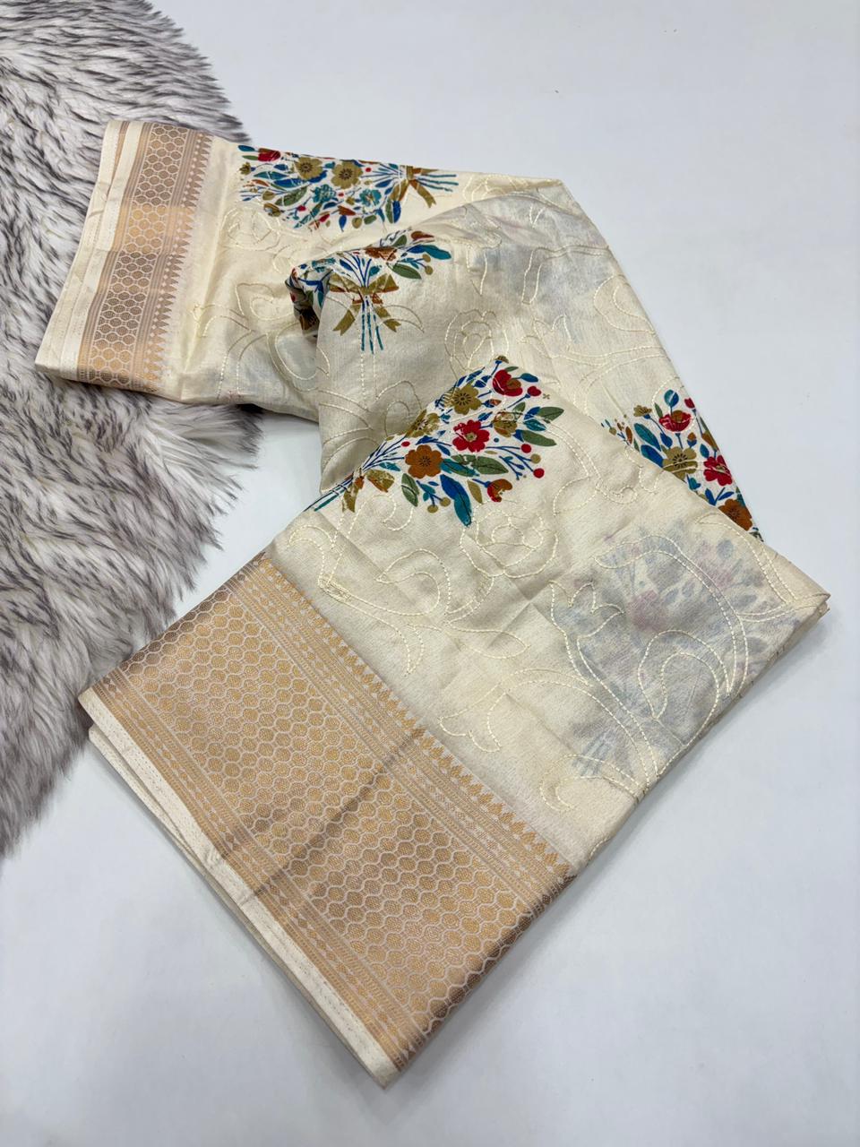 Divine Party Wear Viscouse Dola Silk Thread Work Flower Design Jacquard Border Saree With Blouse Piece