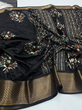 Load image into Gallery viewer, Divine Party Wear Viscouse Dola Silk Thread Work Flower Design Golden Border Saree With Blouse Piece
