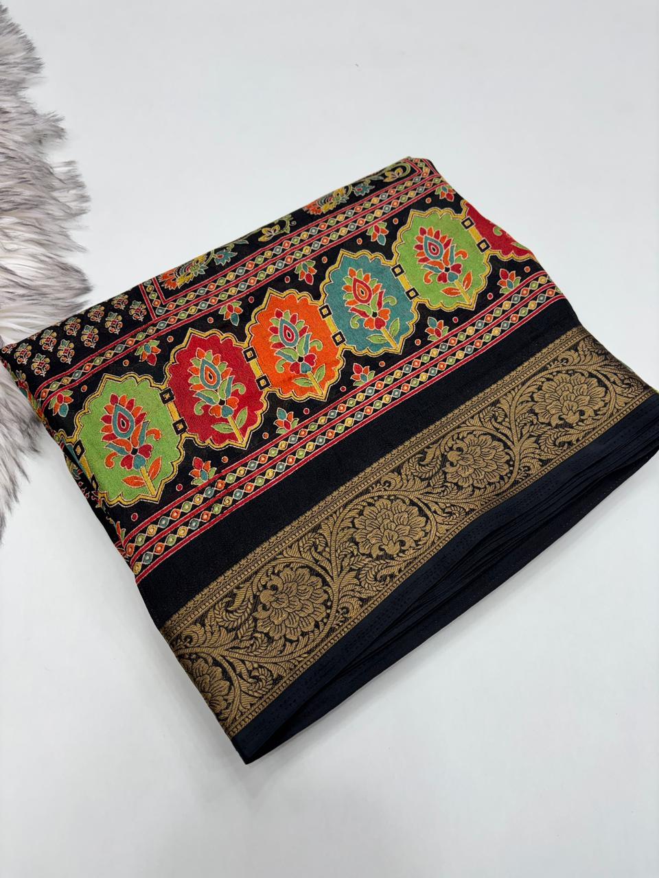 Delightful Function Wear Pure Soft Chiffon Silk Print n Mangalkari Border Fancy Designer Saree With Blouse Piece