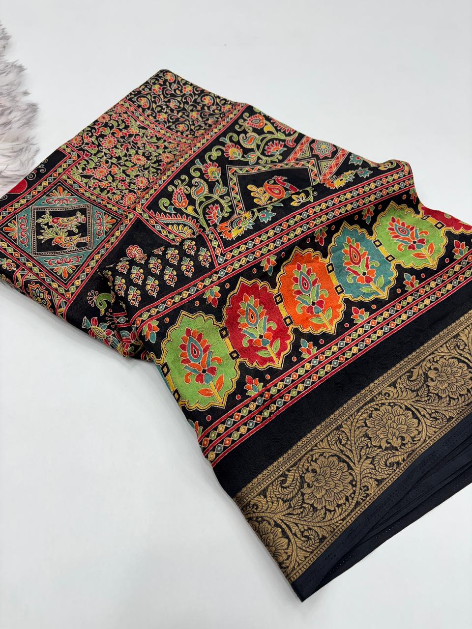 Delightful Function Wear Pure Soft Chiffon Silk Print n Mangalkari Border Fancy Designer Saree With Blouse Piece