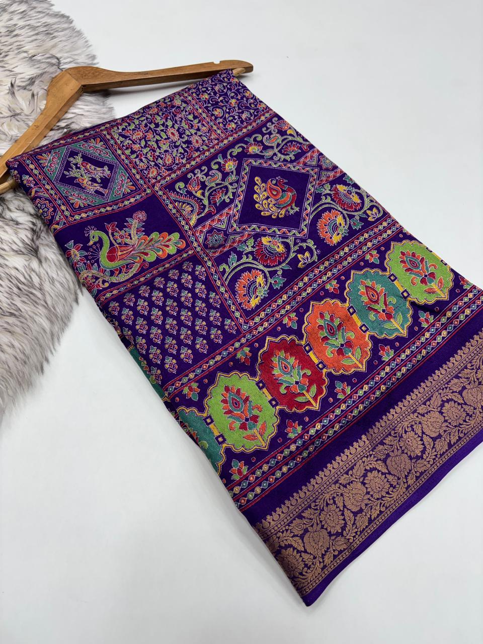 Delightful Function Wear Pure Soft Chiffon Silk Print n Mangalkari Border Fancy Designer Saree With Blouse Piece