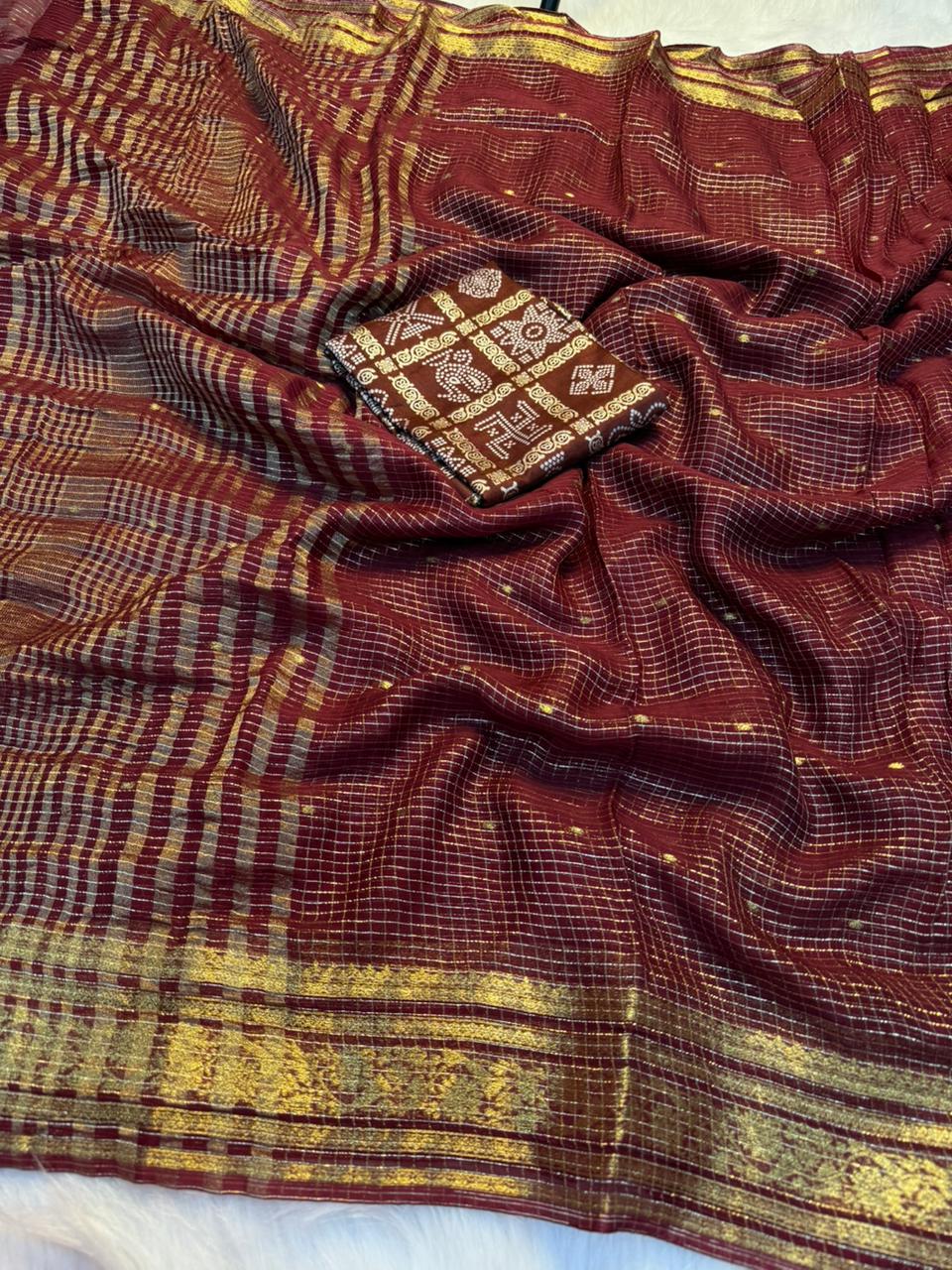 Charming Party Wear Pure Viscose Jacquard Weaving Work Checks Design Rich Pallu Fancy Designer Saree With Elegant Blouse