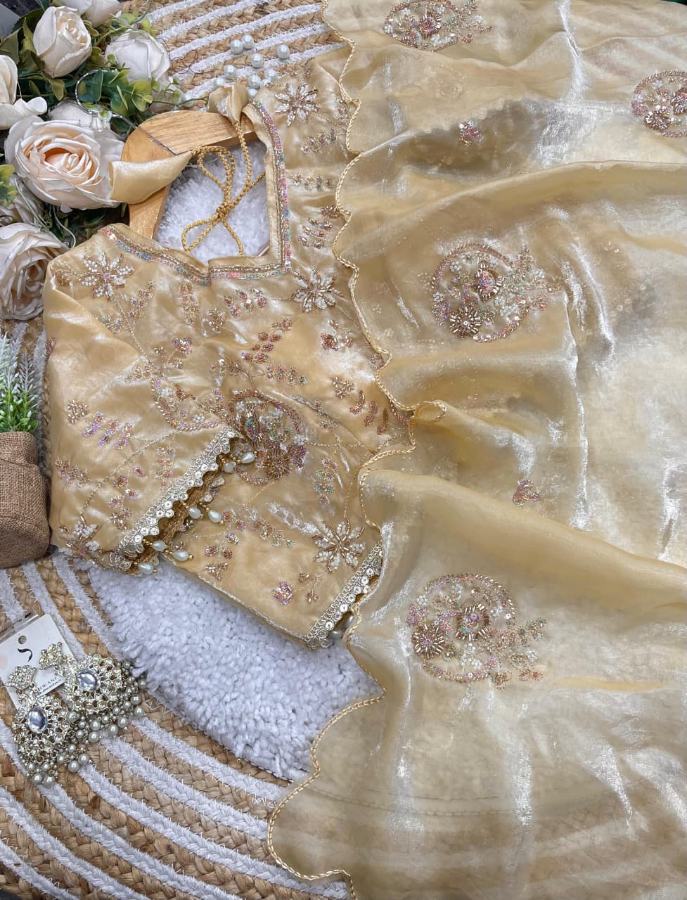 Charismatic Wedding Wear Silk Heavy Embroidery Beads Work Fancy Designer Saree With Stitched Blouse