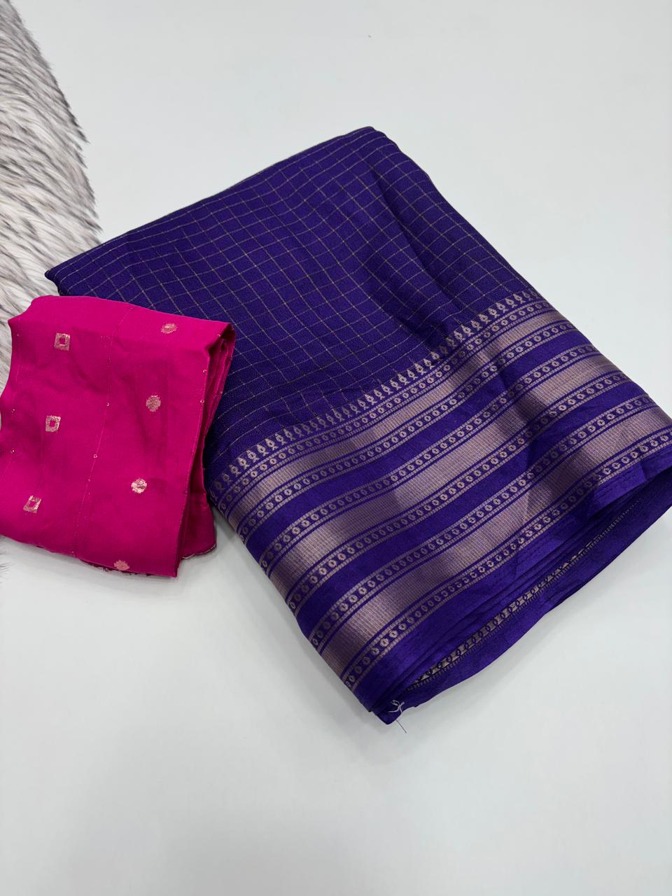 Effervescent Party Wear Pure Soft Dola Silk Chex Design Jacquard Fancy Designer Saree With Contrast Blouse Piece
