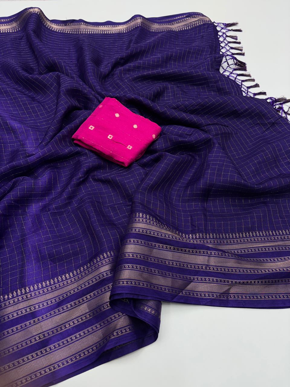 Effervescent Party Wear Pure Soft Dola Silk Chex Design Jacquard Fancy Designer Saree With Contrast Blouse Piece
