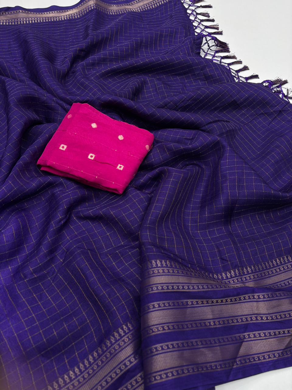 Effervescent Party Wear Pure Soft Dola Silk Chex Design Jacquard Fancy Designer Saree With Contrast Blouse Piece