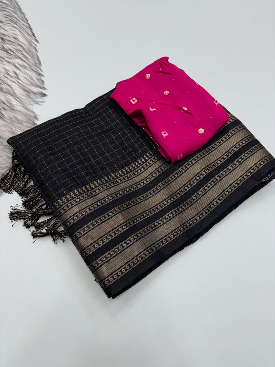 Effervescent Party Wear Pure Soft Dola Silk Chex Design Jacquard Fancy Designer Saree With Contrast Blouse Piece