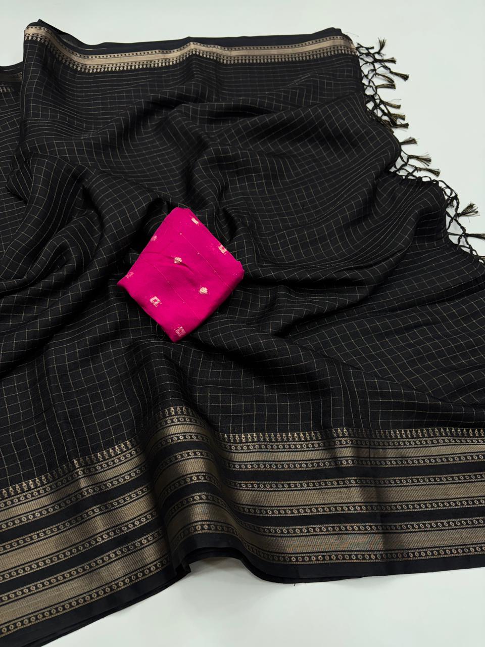Effervescent Party Wear Pure Soft Dola Silk Chex Design Jacquard Fancy Designer Saree With Contrast Blouse Piece