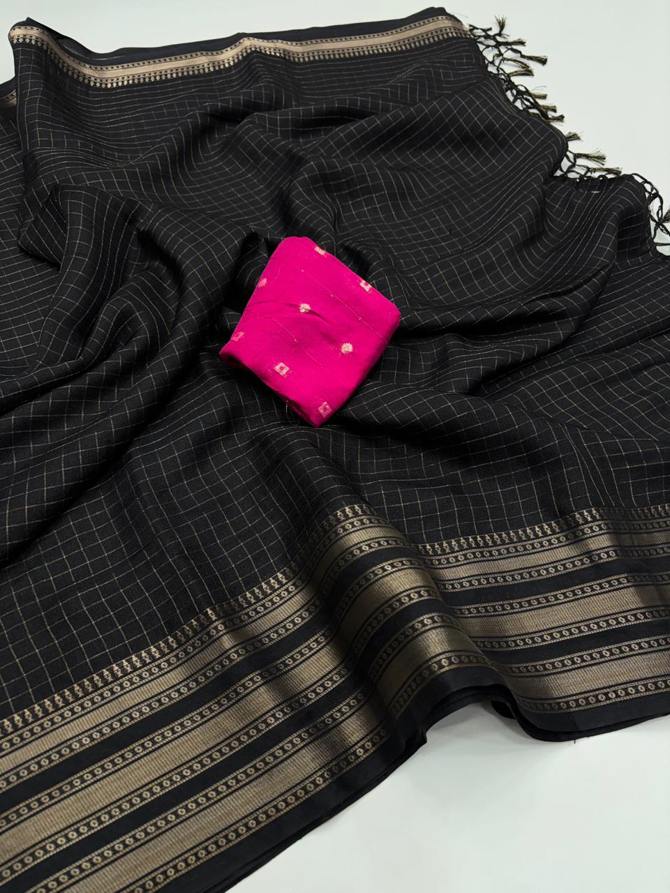 Effervescent Party Wear Pure Soft Dola Silk Chex Design Jacquard Fancy Designer Saree With Contrast Blouse Piece