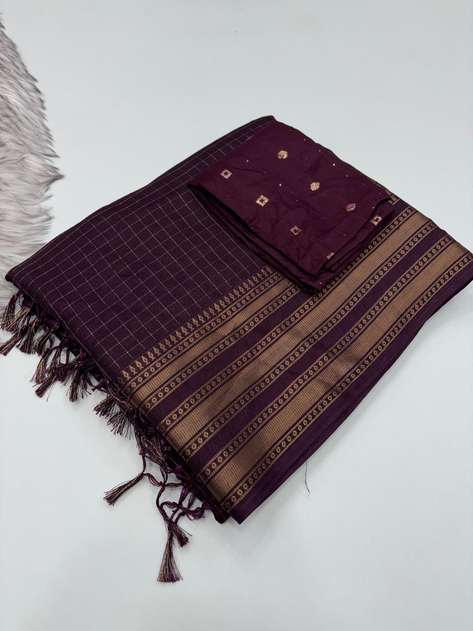 Effervescent Party Wear Pure Soft Dola Silk Chex Design Jacquard Fancy Designer Saree With Contrast Blouse Piece
