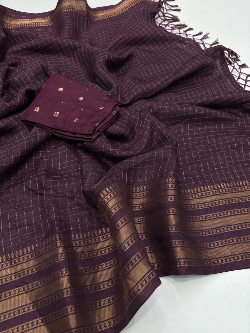 Effervescent Party Wear Pure Soft Dola Silk Chex Design Jacquard Fancy Designer Saree With Contrast Blouse Piece