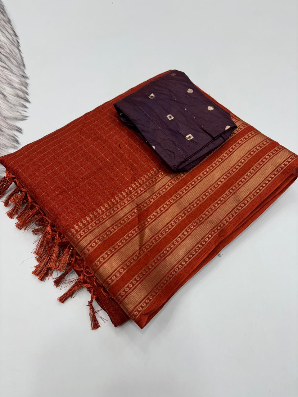 Effervescent Party Wear Pure Soft Dola Silk Chex Design Jacquard Fancy Designer Saree With Contrast Blouse Piece