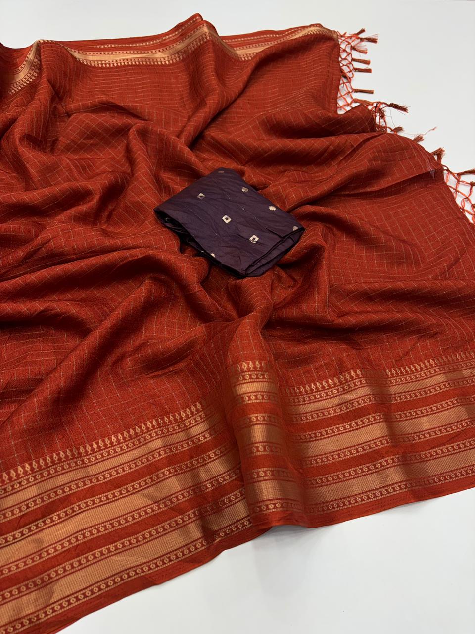 Effervescent Party Wear Pure Soft Dola Silk Chex Design Jacquard Fancy Designer Saree With Contrast Blouse Piece