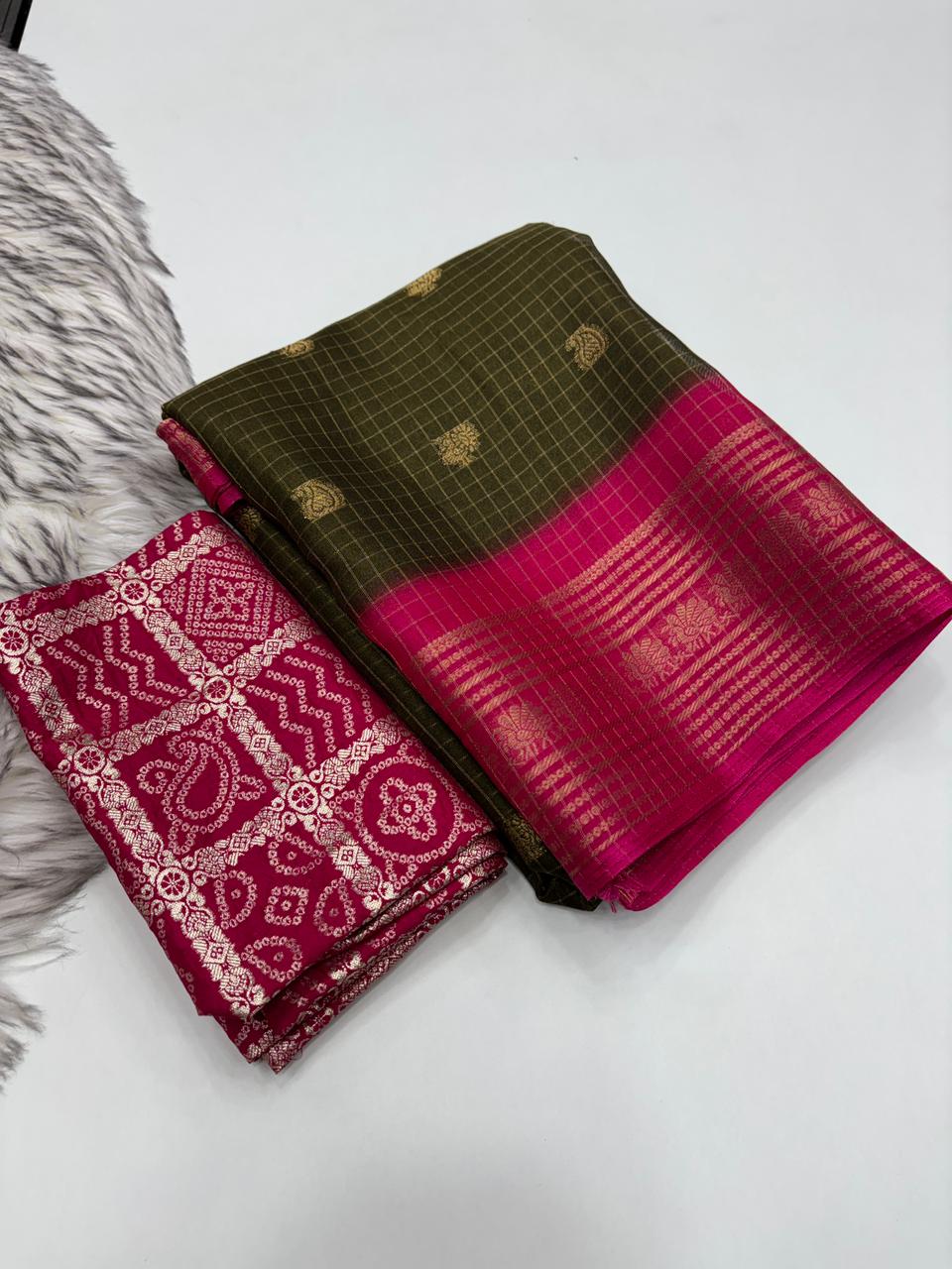 Elegant Party Wear Pure Soft Dola Silk Chex Design Jacquard Border Designer Saree With Blouse Piece