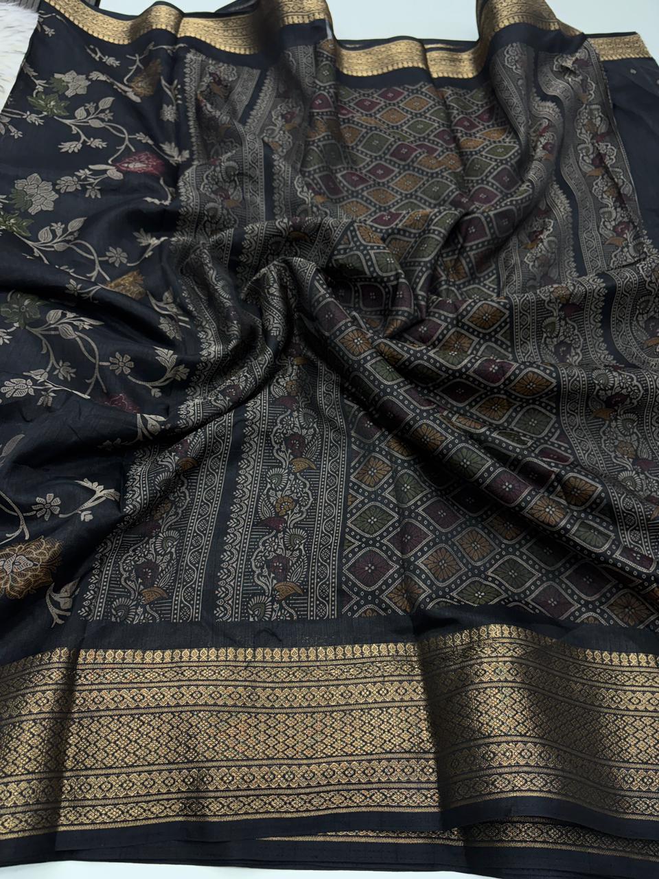 Imaginative Party Wear Pure Soft Dola Silk Print Jacquard Border Fancy Designer Saree With Blouse Piece