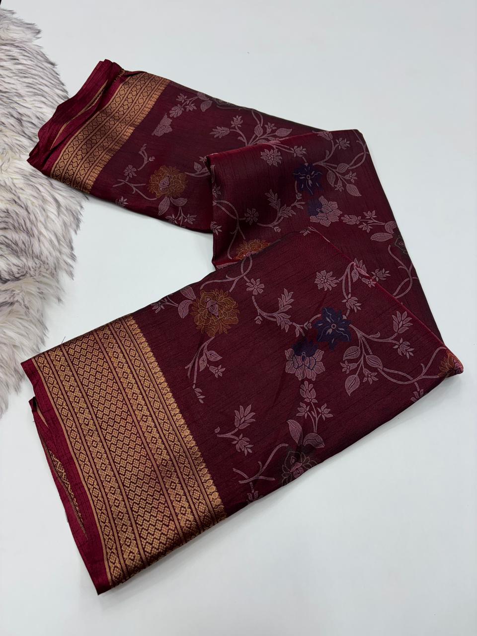 Imaginative Party Wear Pure Soft Dola Silk Print Jacquard Border Fancy Designer Saree With Blouse Piece