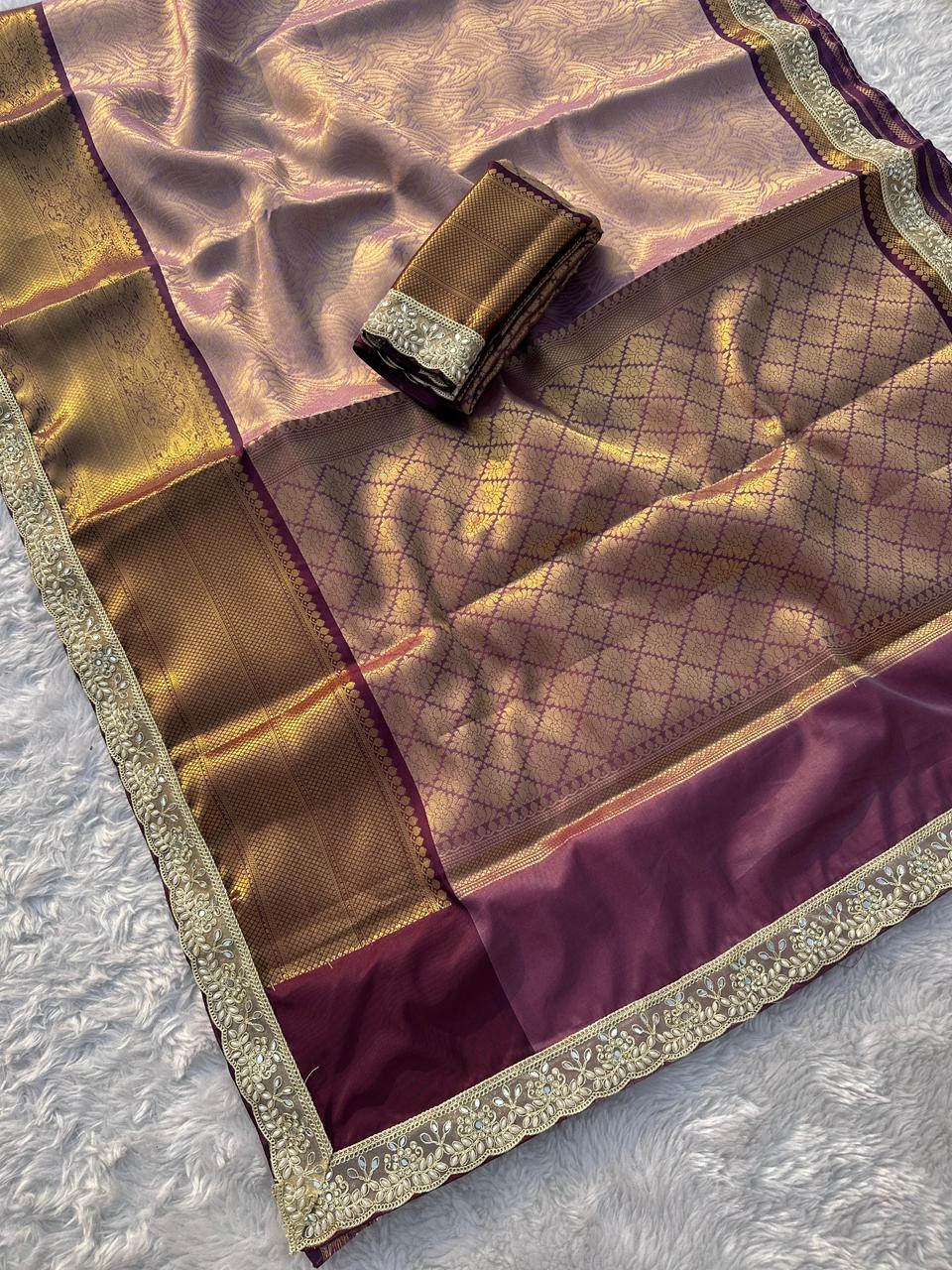 Charismatic Party Wear Banarasi Tissue Silk Jacquard n Mirror lace Work Fancy Designer Saree For Wedding