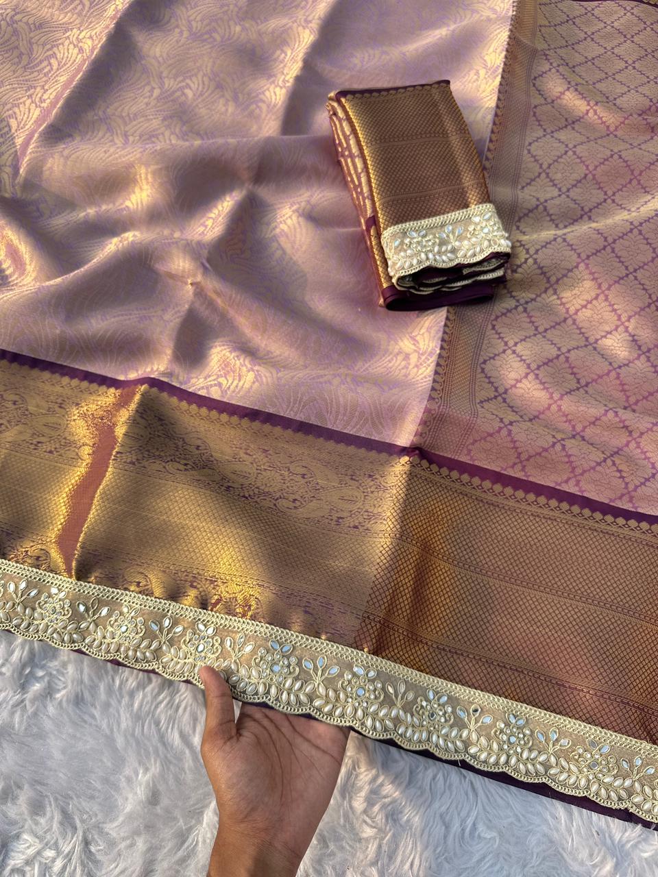 Charismatic Party Wear Banarasi Tissue Silk Jacquard n Mirror lace Work Fancy Designer Saree For Wedding