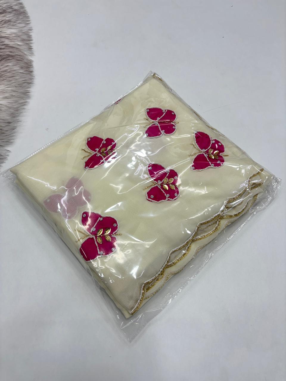 Attractive White Colour Soft Pure Georgette Silk Handwork Butti Arco Border Desginer Saree With Contrast Blouse Piece