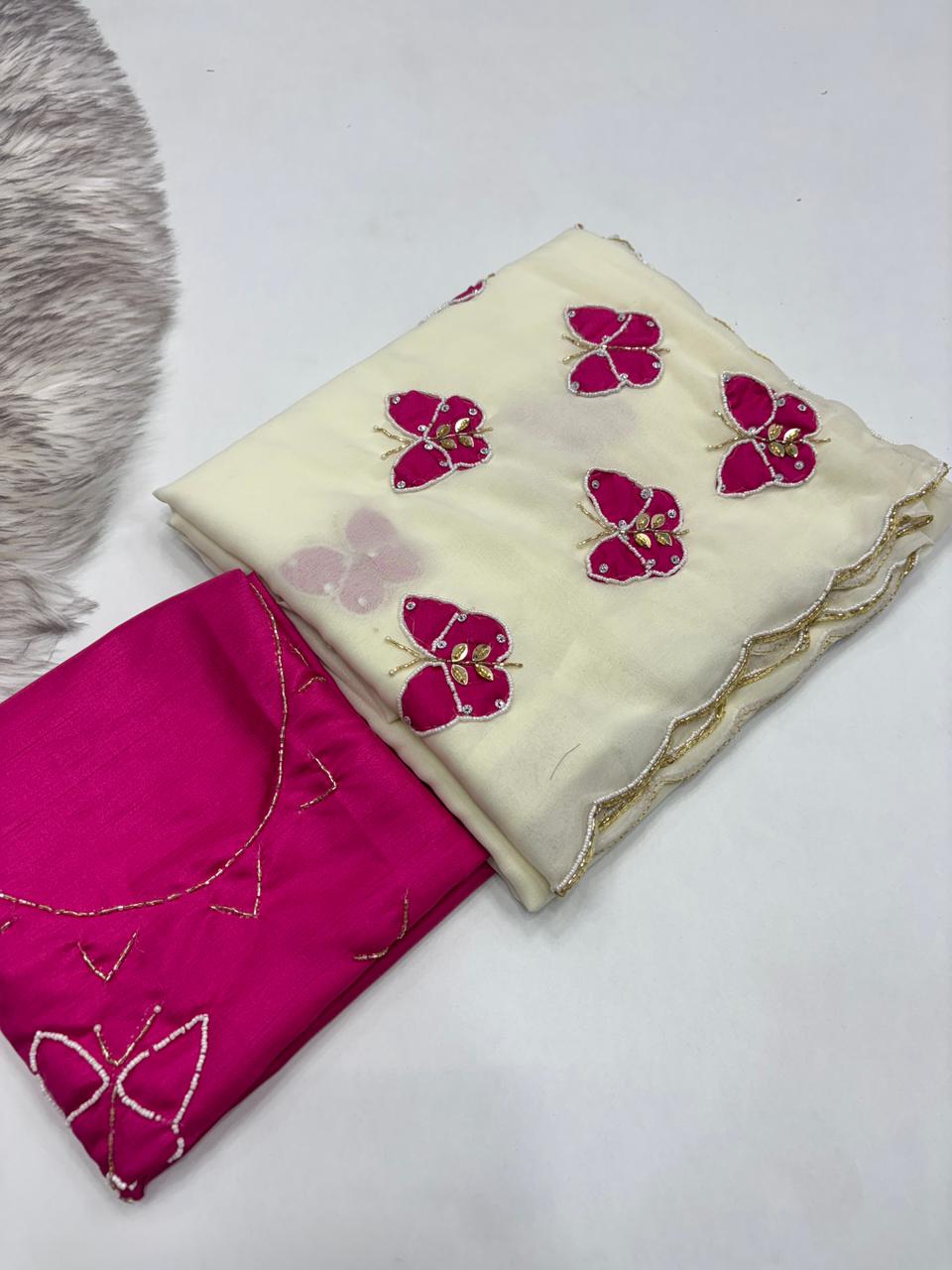 Attractive White Colour Soft Pure Georgette Silk Handwork Butti Arco Border Desginer Saree With Contrast Blouse Piece