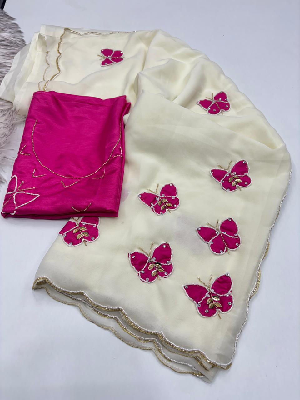 Attractive White Colour Soft Pure Georgette Silk Handwork Butti Arco Border Desginer Saree With Contrast Blouse Piece
