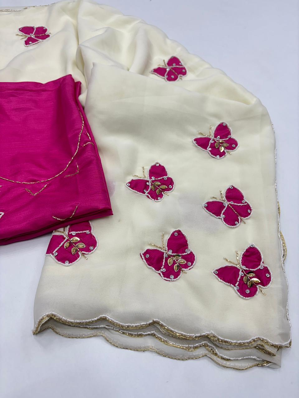 Attractive White Colour Soft Pure Georgette Silk Handwork Butti Arco Border Desginer Saree With Contrast Blouse Piece
