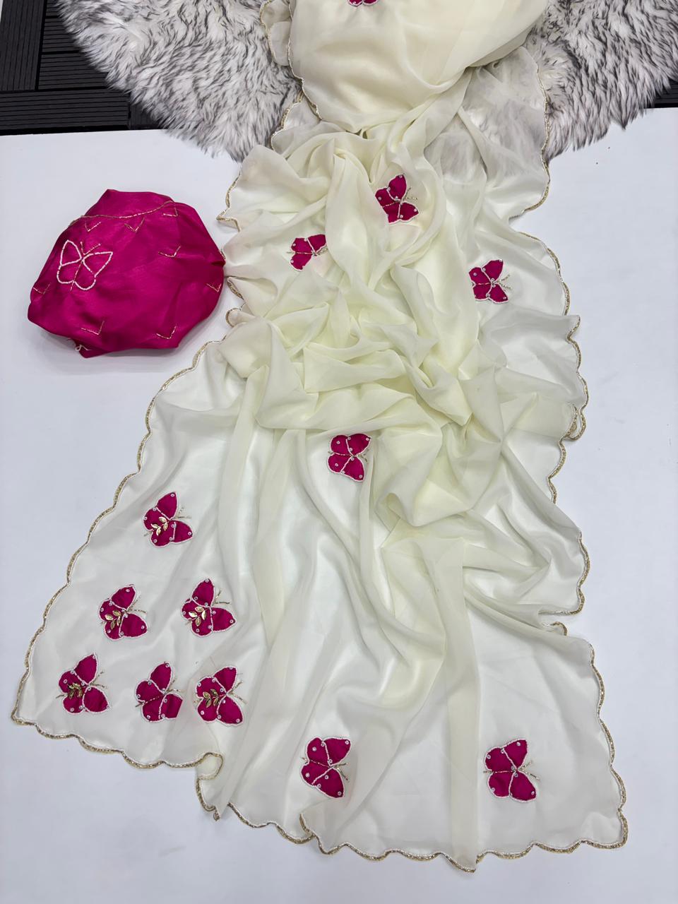 Attractive White Colour Soft Pure Georgette Silk Handwork Butti Arco Border Desginer Saree With Contrast Blouse Piece
