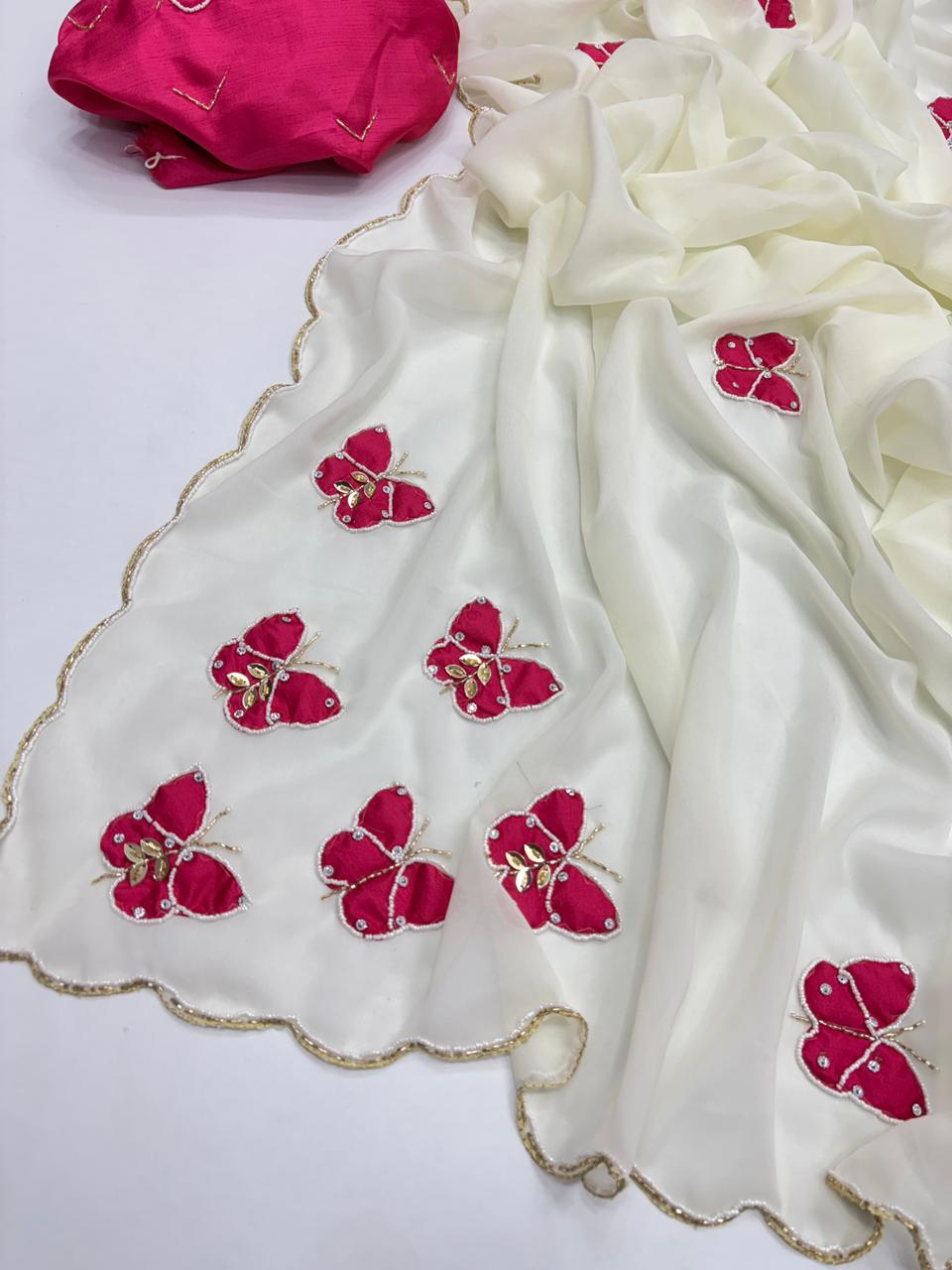 Attractive White Colour Soft Pure Georgette Silk Handwork Butti Arco Border Desginer Saree With Contrast Blouse Piece