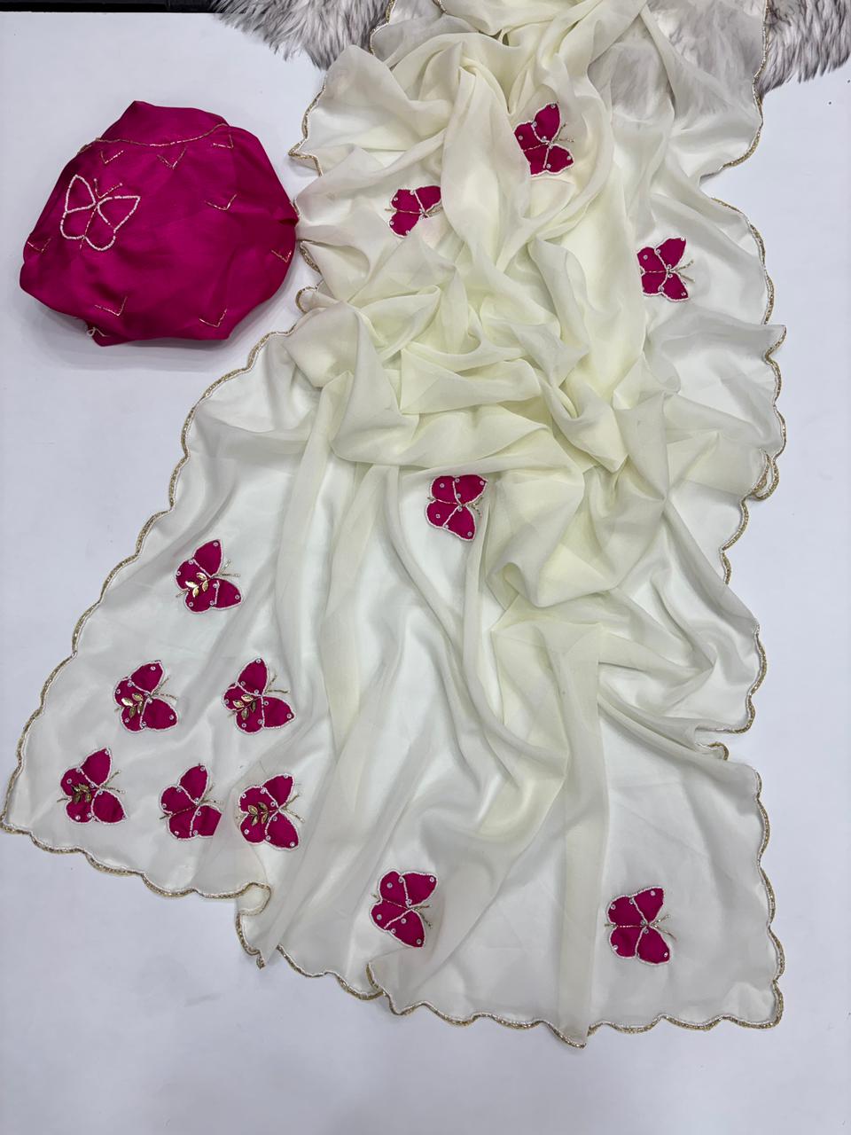 Attractive White Colour Soft Pure Georgette Silk Handwork Butti Arco Border Desginer Saree With Contrast Blouse Piece
