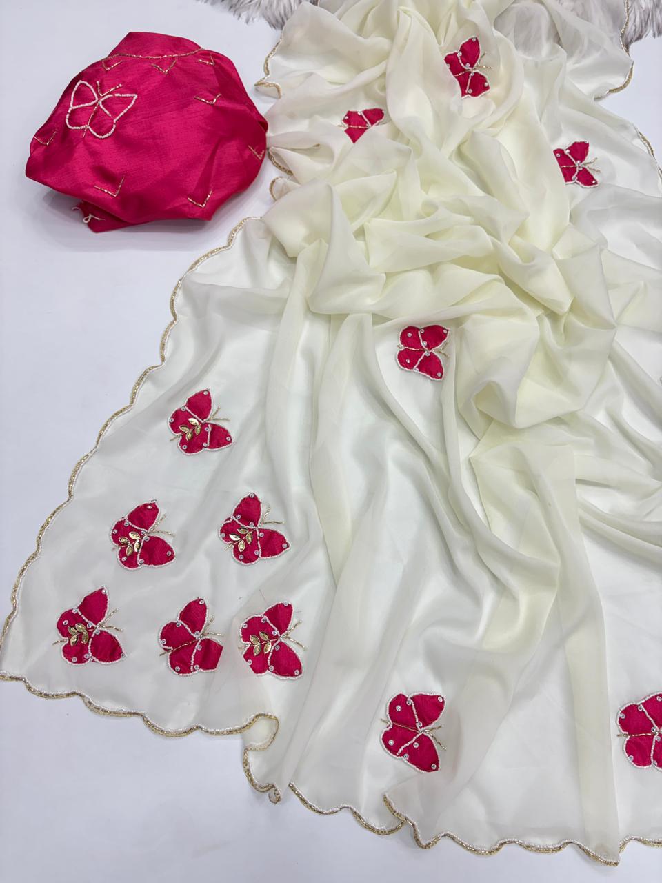 Attractive White Colour Soft Pure Georgette Silk Handwork Butti Arco Border Desginer Saree With Contrast Blouse Piece