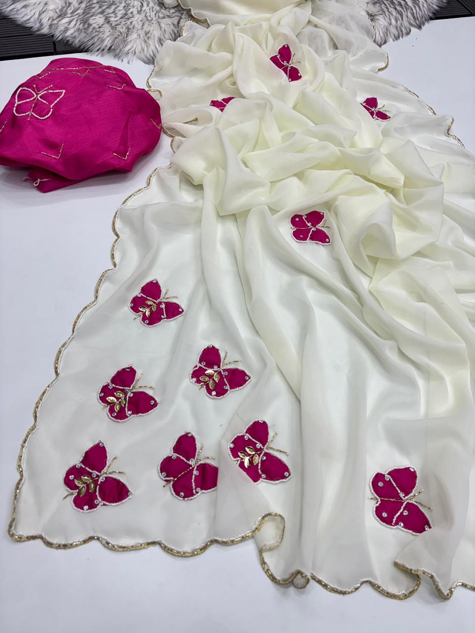 Attractive White Colour Soft Pure Georgette Silk Handwork Butti Arco Border Desginer Saree With Contrast Blouse Piece