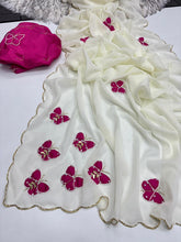 Load image into Gallery viewer, Attractive White Colour Soft Pure Georgette Silk Handwork Butti Arco Border Desginer Saree With Contrast Blouse Piece
