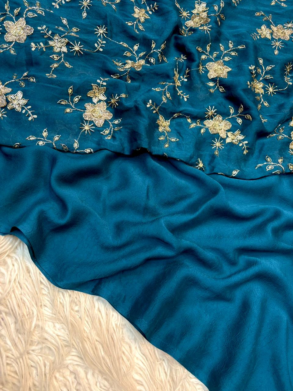 Stunning Party Wear Rangoli Crush Silk Fancy Designer Saree With Heavy Beeds Work Blouse