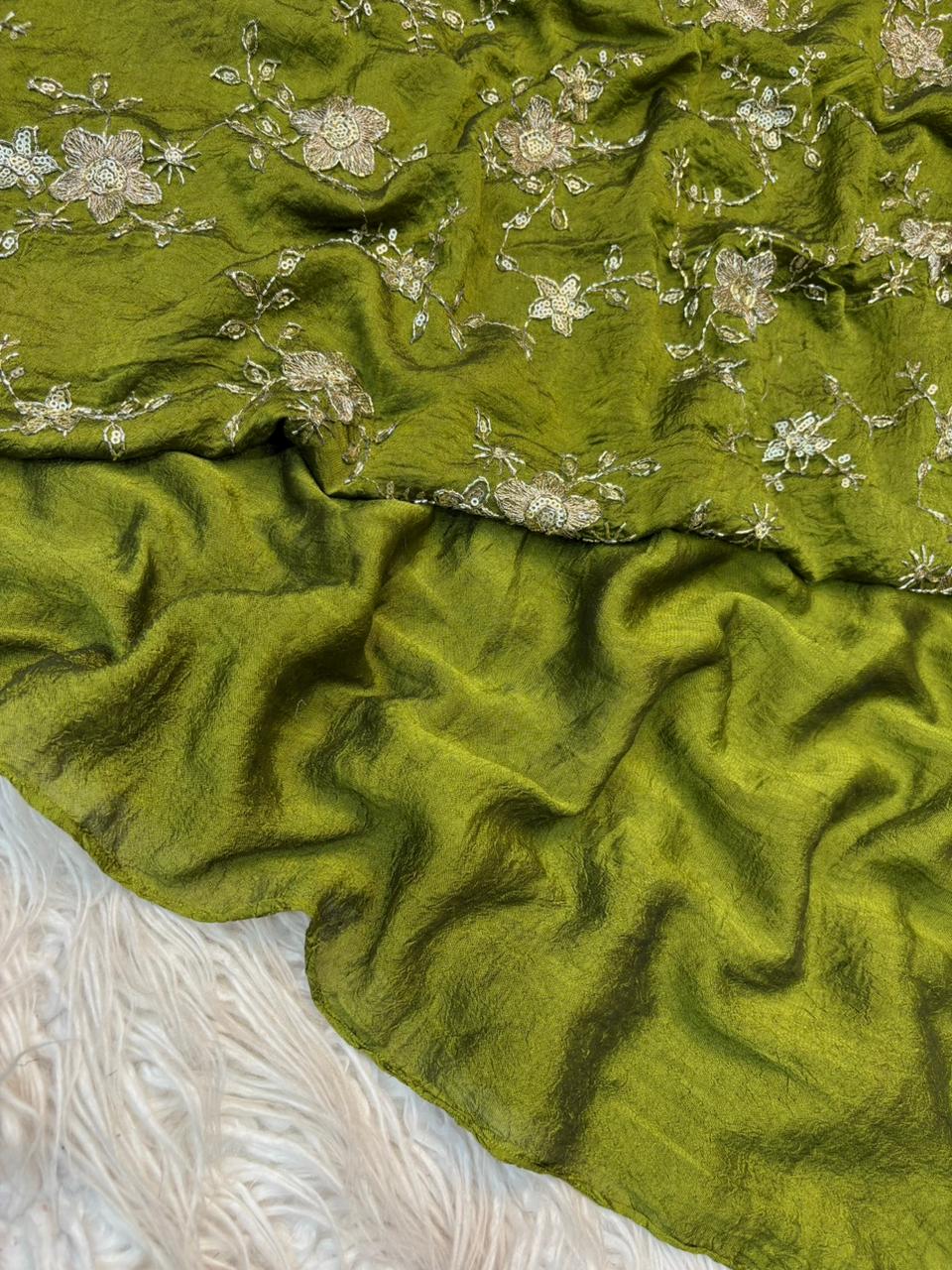 Stunning Party Wear Rangoli Crush Silk Fancy Designer Saree With Heavy Beeds Work Blouse