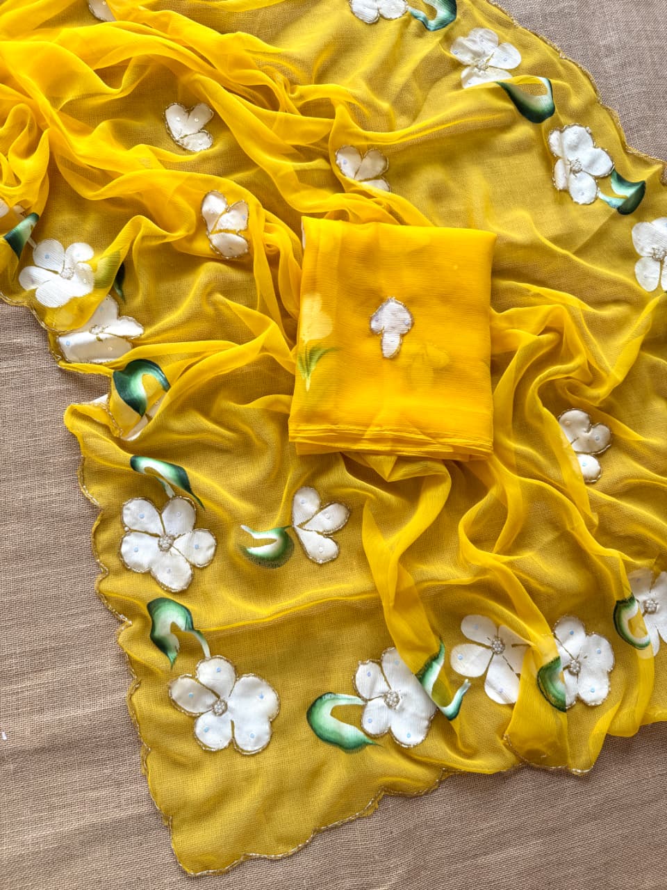 Prettiest Party Wear Yellow Color Soft Chiffon Handbrush Print n Handwork Fancy Designer Saree