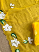 Load image into Gallery viewer, Prettiest Party Wear Yellow Color Soft Chiffon Handbrush Print n Handwork Fancy Designer Saree

