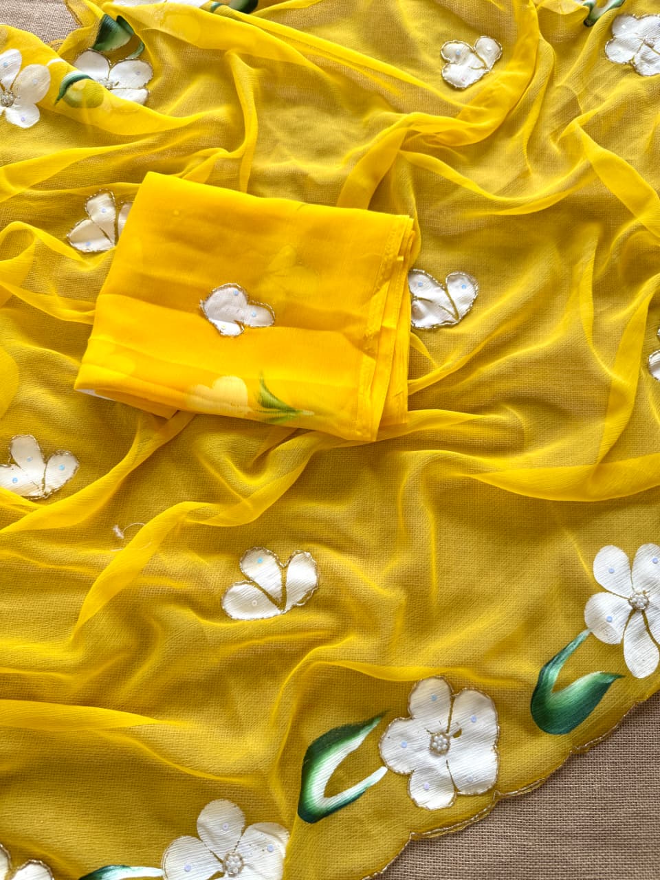 Prettiest Party Wear Yellow Color Soft Chiffon Handbrush Print n Handwork Fancy Designer Saree
