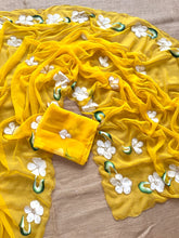 Load image into Gallery viewer, Prettiest Party Wear Yellow Color Soft Chiffon Handbrush Print n Handwork Fancy Designer Saree
