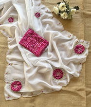 Load image into Gallery viewer, Luxurious Party Wear Off White Color Pure Crush Georgette Chiffon HandWork Fancy Designer Saree With Contrast Blouse Piece
