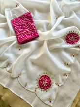 Load image into Gallery viewer, Luxurious Party Wear Off White Color Pure Crush Georgette Chiffon HandWork Fancy Designer Saree With Contrast Blouse Piece
