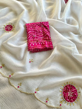 Load image into Gallery viewer, Luxurious Party Wear Off White Color Pure Crush Georgette Chiffon HandWork Fancy Designer Saree With Contrast Blouse Piece
