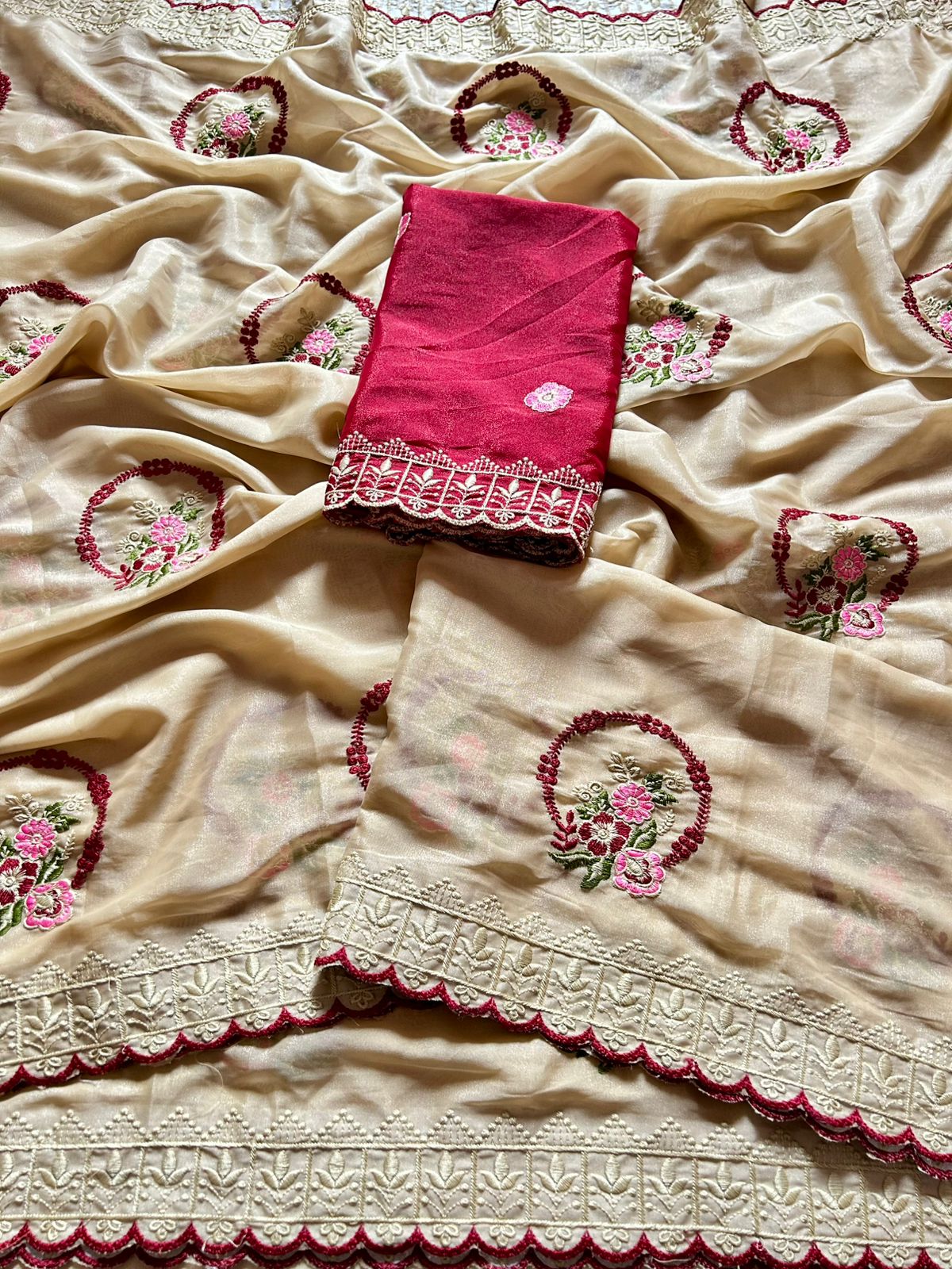 Forbearance Function Wear Georgette Embroidery Work Butta Flower Design Saree With Contrast Blouse Piece